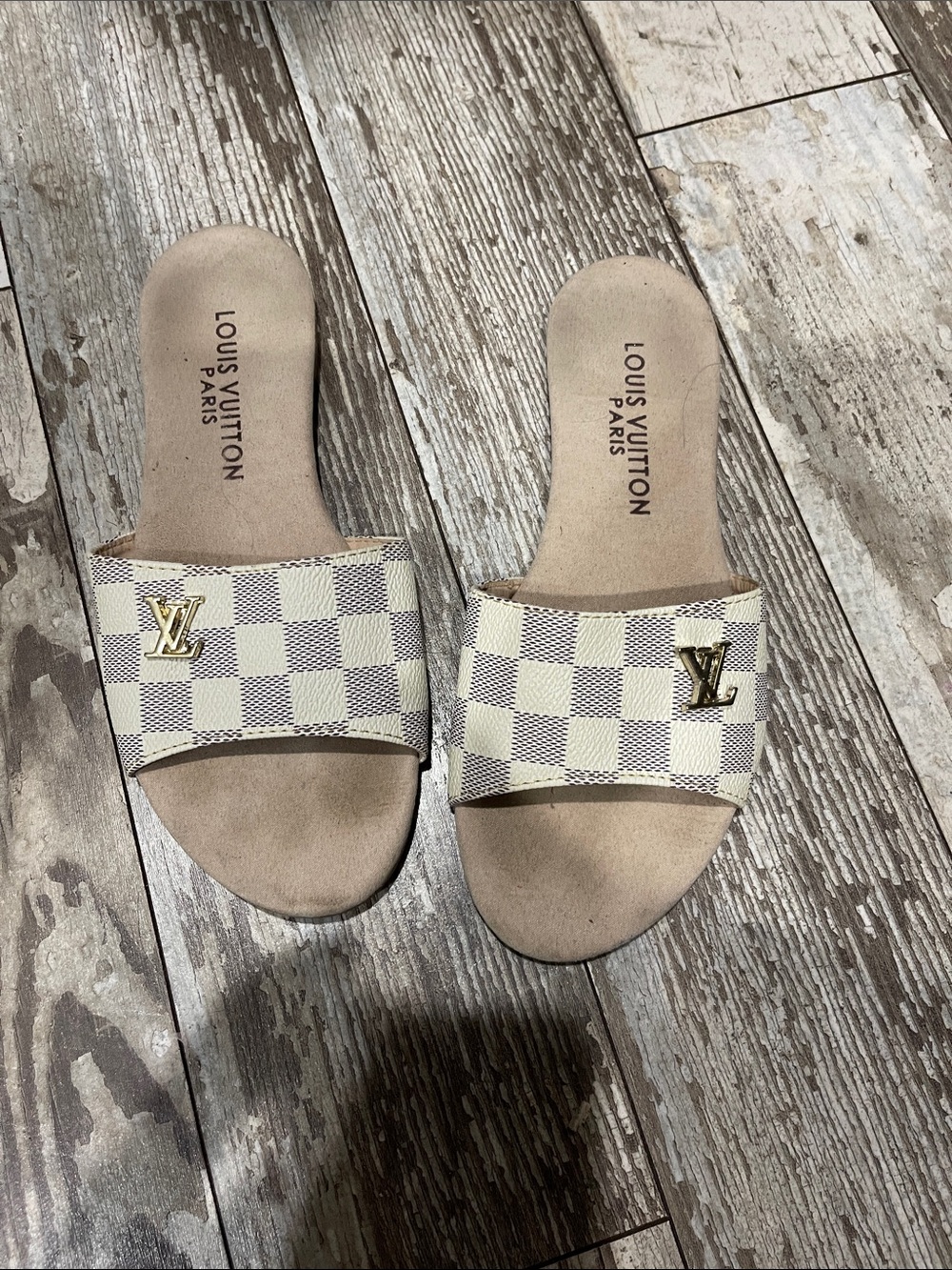 Cream Checkered Slide Sandals with Gold